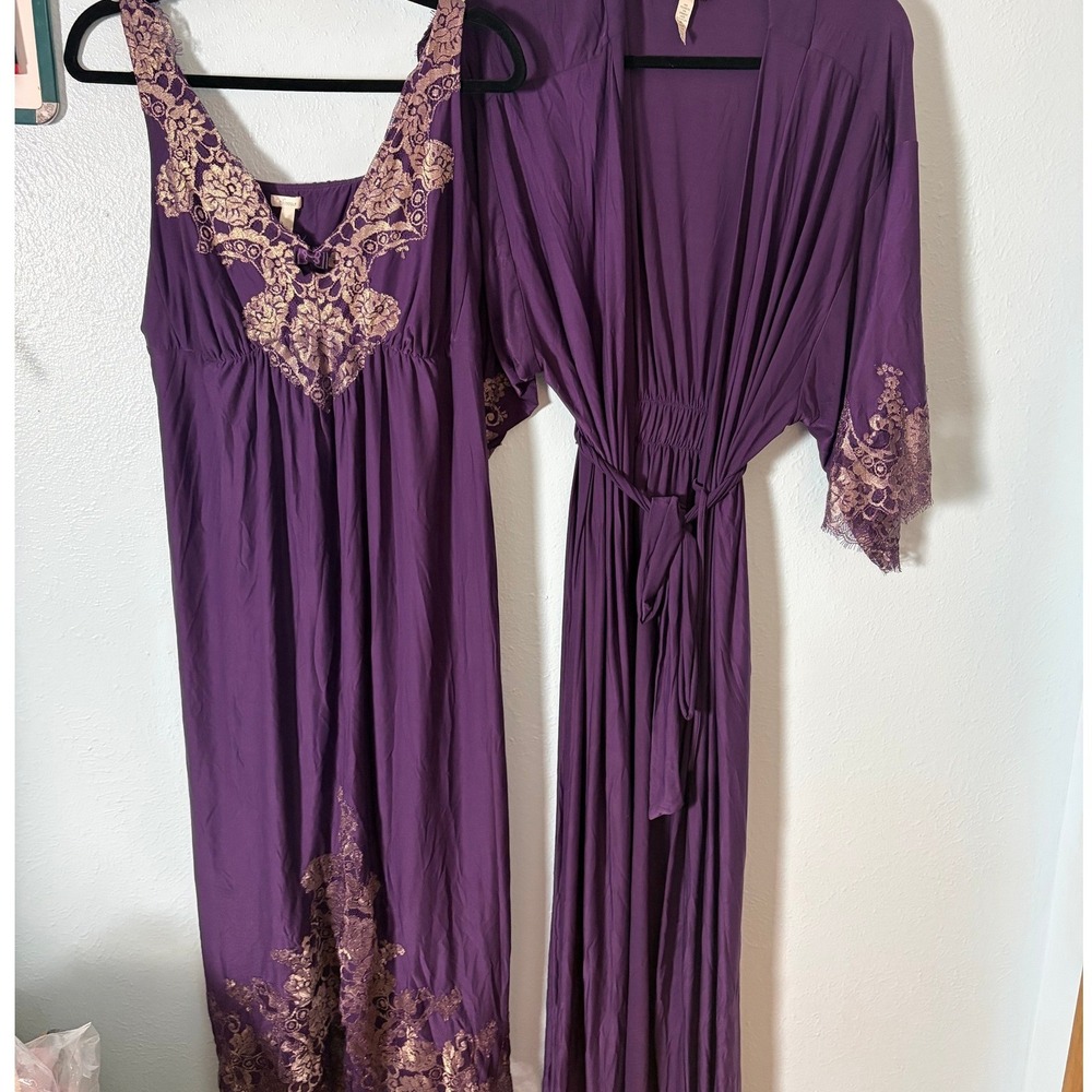 Soma Intimates Purple Gold Metallic Lace Nightgown and Robe Set XL L/XL Romantic